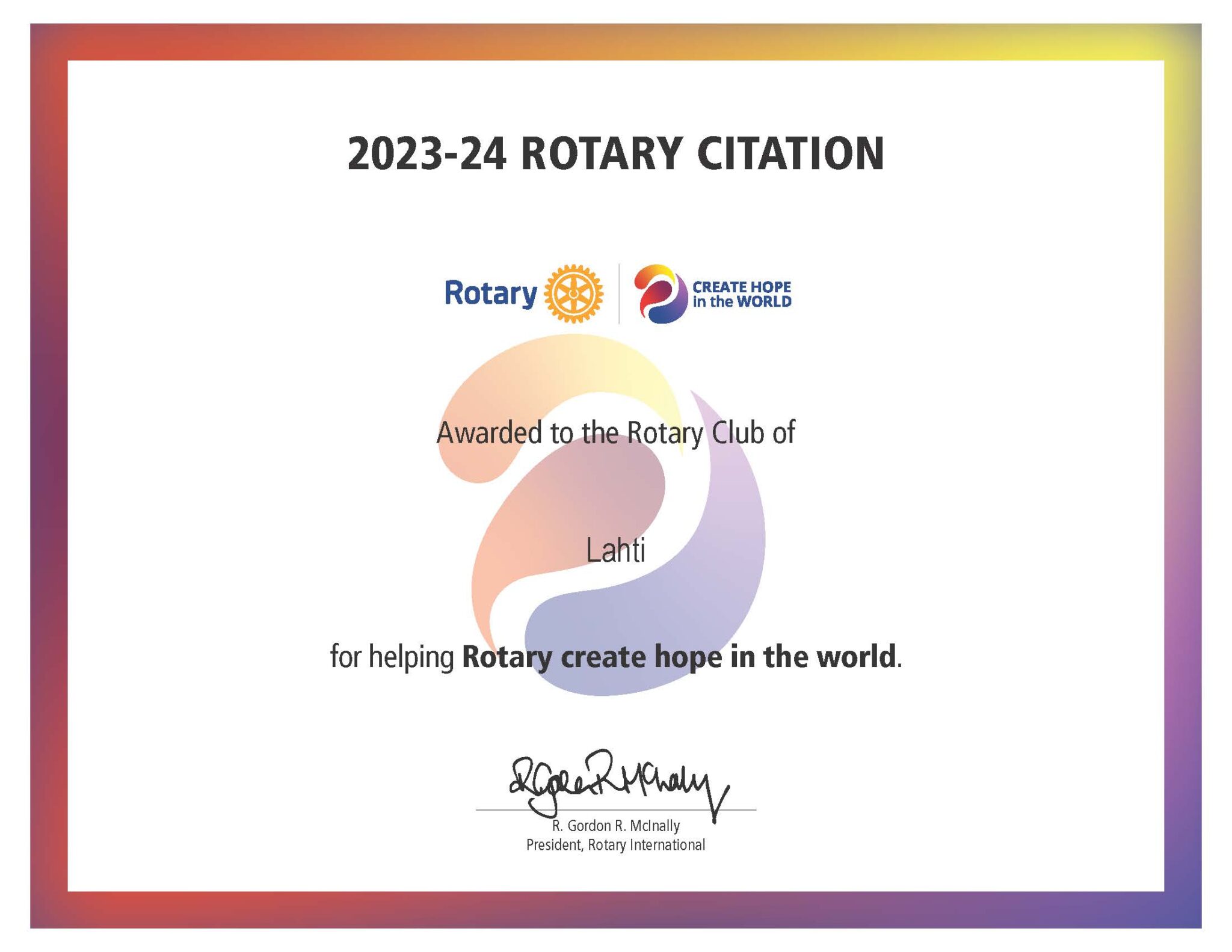 kunniakirja Rotary Citation 23-24