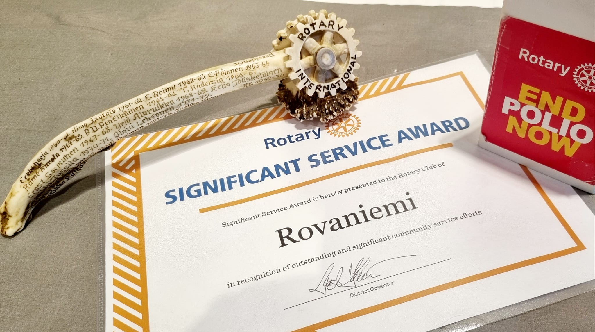 On October 16, 2023, Rovaniemi Rotary Club received an award for a significant service from district governor Petri Keränen in connection with the Northern Lights Wicket project. Next week, our project is to participate in the End Polio Now fundraiser.